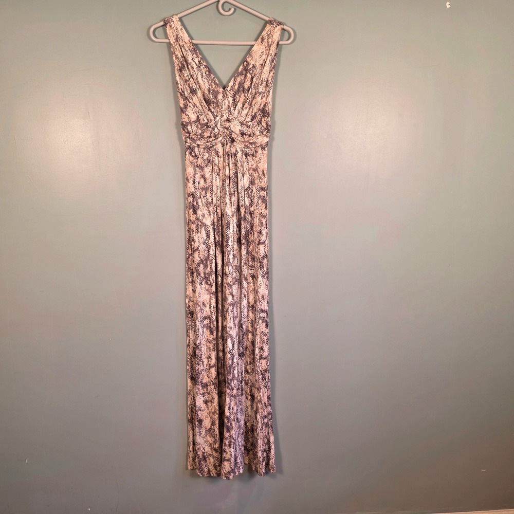 Tart Collections Snakeskin Print V-Neck Empire Waist Maxi‎ Dress Tan Gray Small